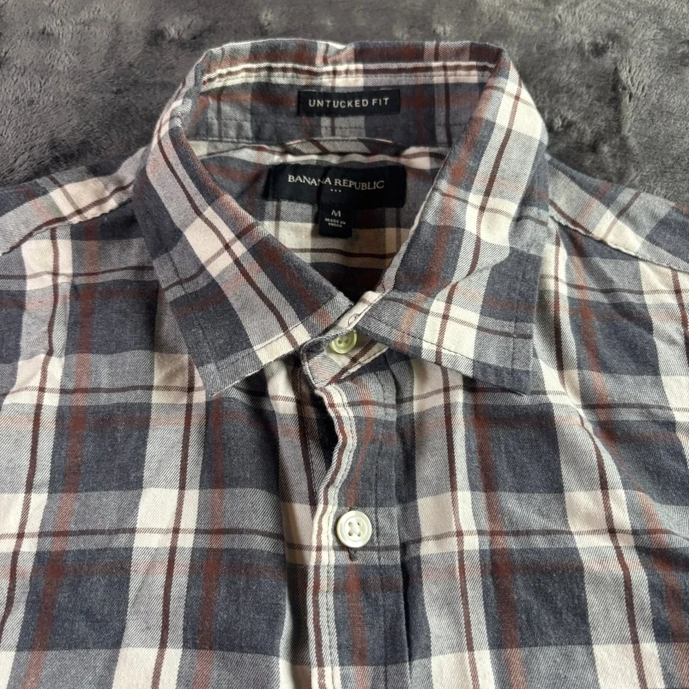 Banana Republic Mens Gray Brown Plaid Untucked Fit Button Down Shirt Medium